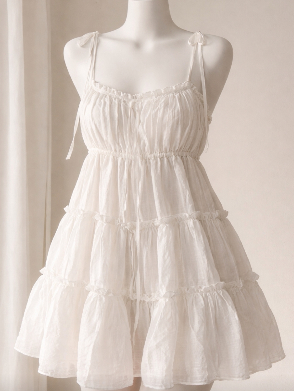All in Favor White Tiered Mini Dress with Tie Straps